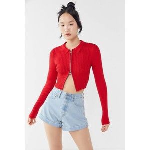 URBAN OUTFITTERS Sz L Cropped Zip up Sweater Long Sleeve Henley Red Ribbed Retro